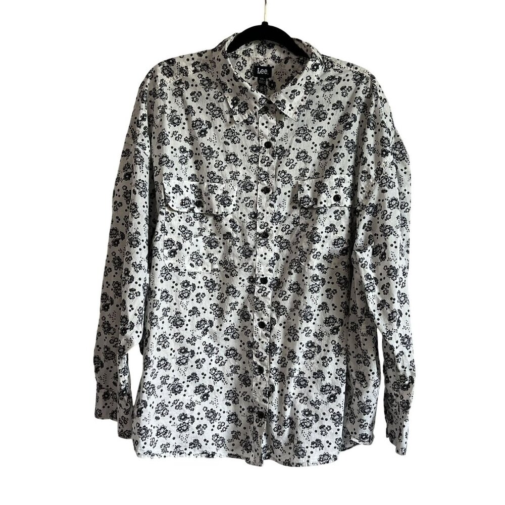 Lee Womens Floral Button-Up Long Sleeve Shirt XXL Cotton Black White Frontier